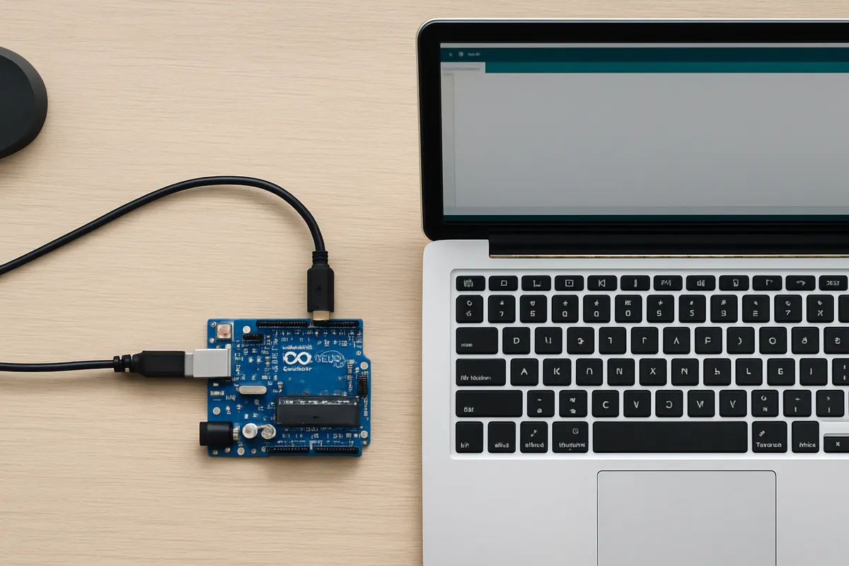 ArduinoマイコンボードとLEDやセンサーなどの電子部品を使った電子工作キットの写真。