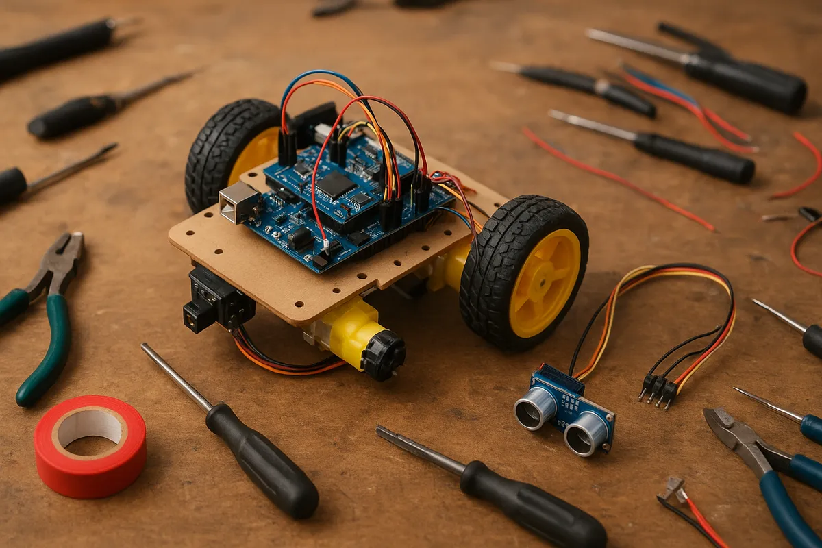 ArduinoマイコンボードとLEDやセンサーなどの電子部品を使った電子工作キットの写真。