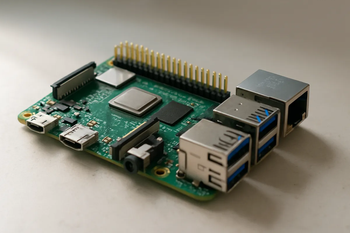 Raspberry Piシングルボードコンピュータとその周辺パーツが電子工作ワークスペースに配置されている。