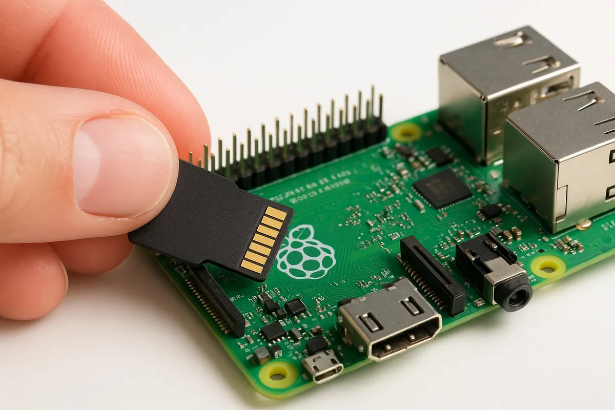 Raspberry Piシングルボードコンピュータとその周辺パーツが電子工作ワークスペースに配置されている。
