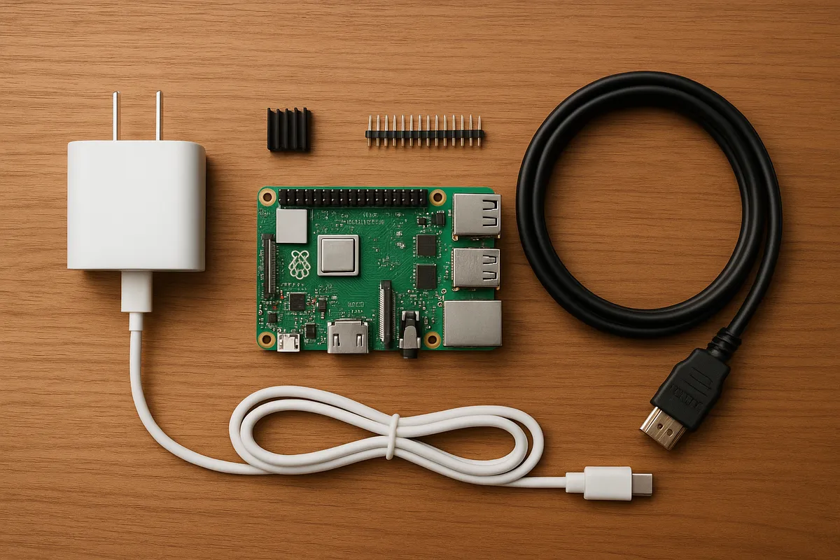 Raspberry Piシングルボードコンピュータとその周辺パーツが電子工作ワークスペースに配置されている。