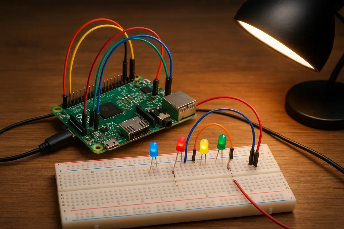 Raspberry Piシングルボードコンピュータとその周辺パーツが電子工作ワークスペースに配置されている。