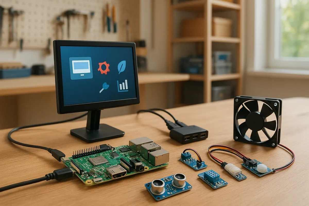 Raspberry Piシングルボードコンピュータとその周辺パーツが電子工作ワークスペースに配置されている。