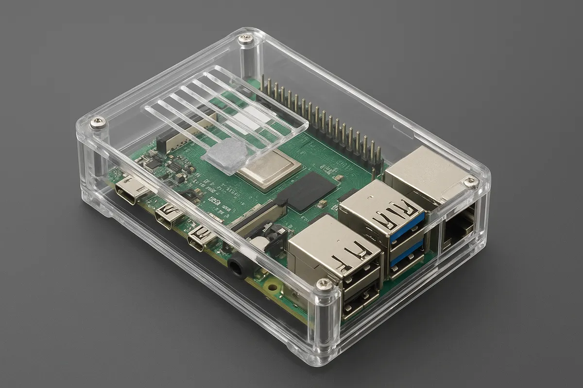 Raspberry Piシングルボードコンピュータとその周辺パーツが電子工作ワークスペースに配置されている。