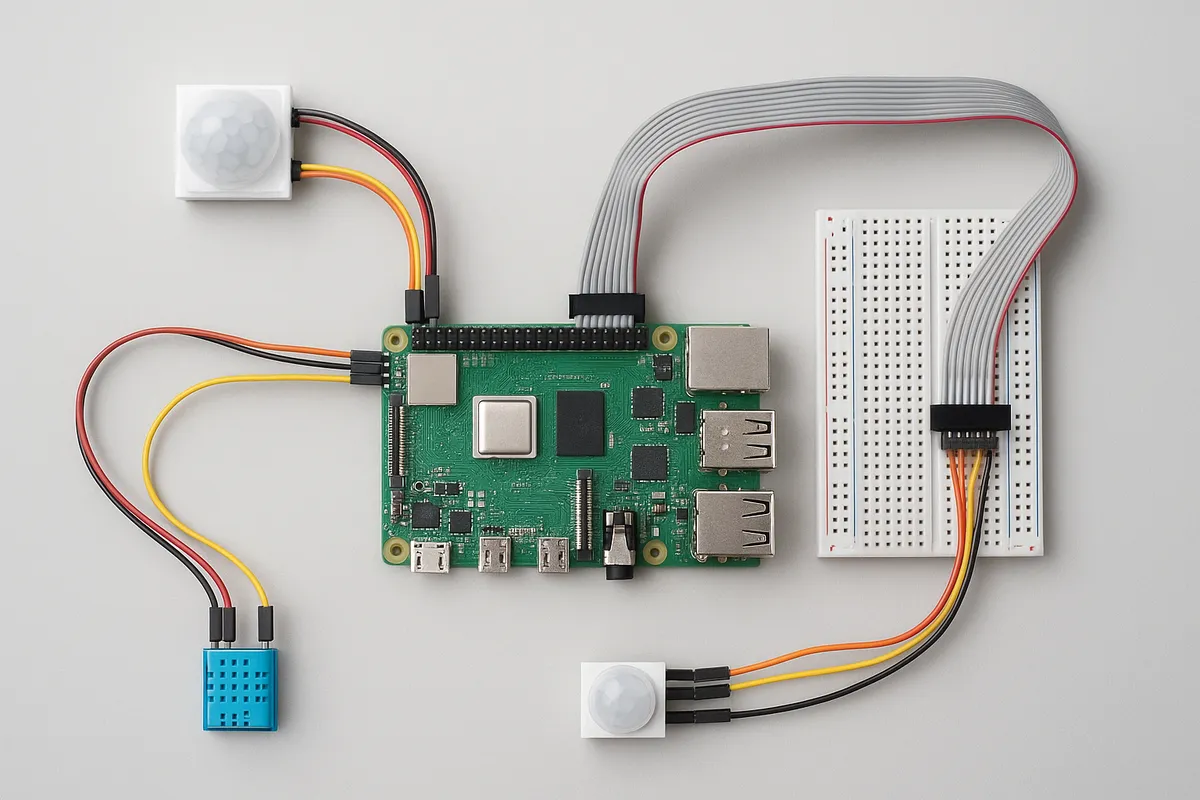 Raspberry Piシングルボードコンピュータとその周辺パーツが電子工作ワークスペースに配置されている。