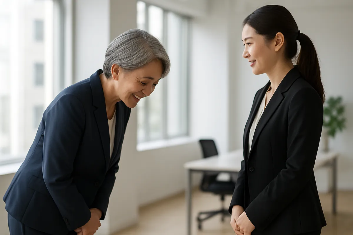 ビジネスシーンにおける正しいマナーと専門的な対応を示した職場の場面