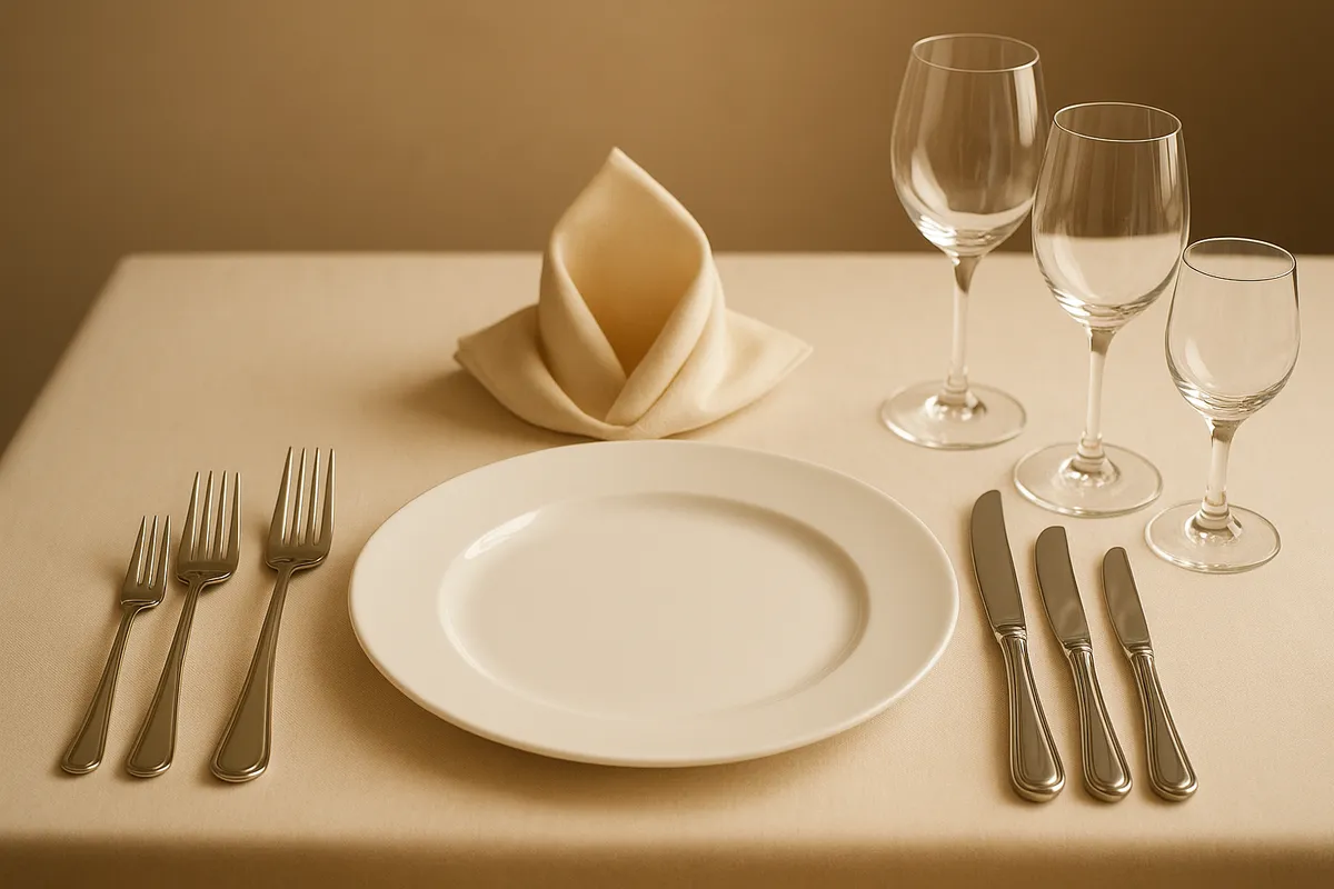 フォーマルな食事シーンでの正しいテーブルマナーと食器の使い方を示した図解。