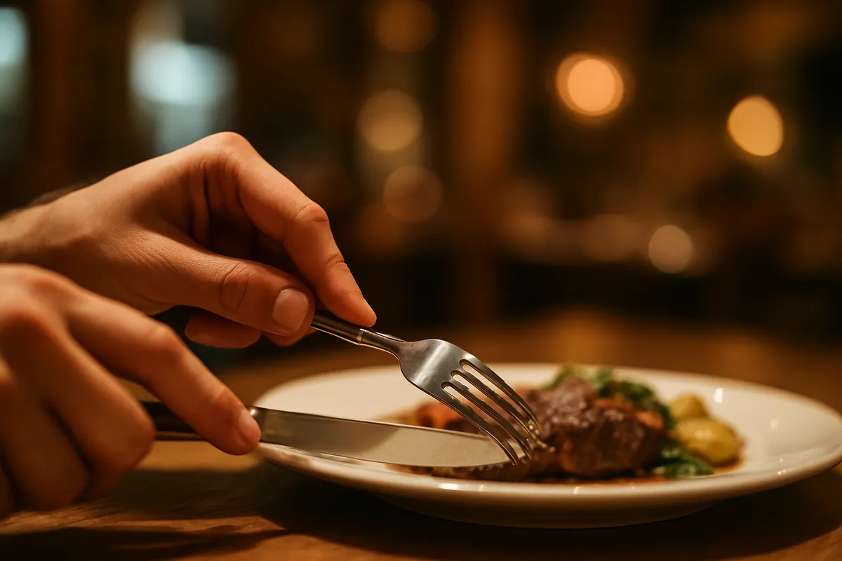 フォーマルな食事シーンでの正しいテーブルマナーと食器の使い方を示した図解。