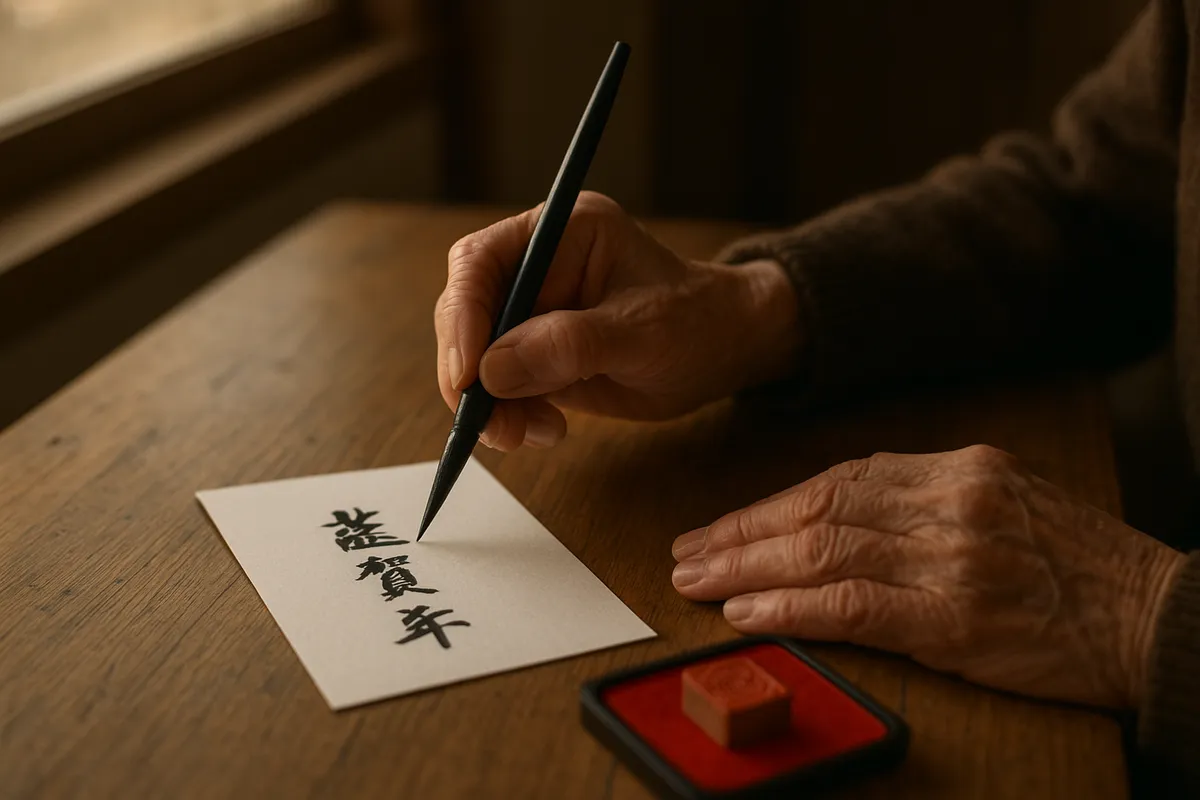 日本の正式な手紙や挨拶文の作成シーンと伝統的な文房具。
