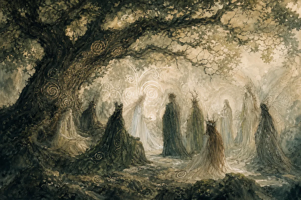 ケルト神話の神々や英雄の神秘的で装飾的なファンタジーアート作品。