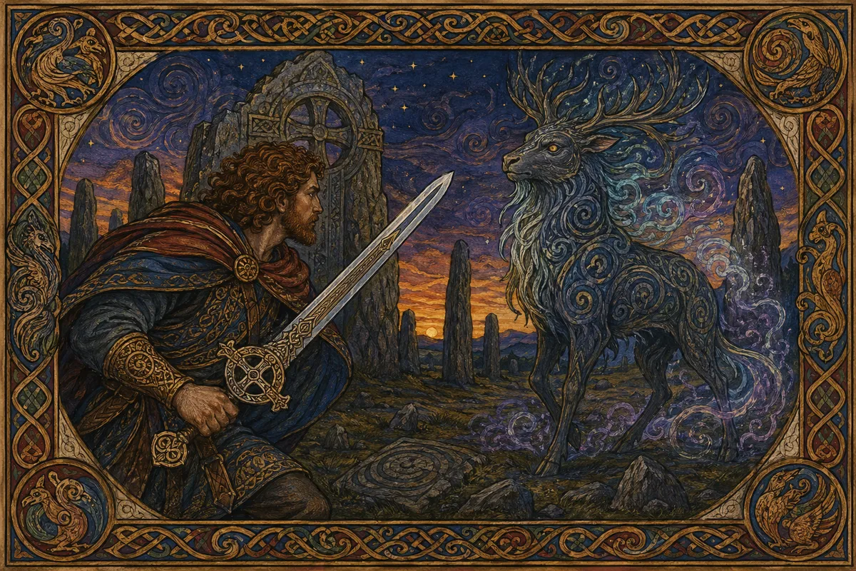 ケルト神話の神々や英雄の神秘的で装飾的なファンタジーアート作品。