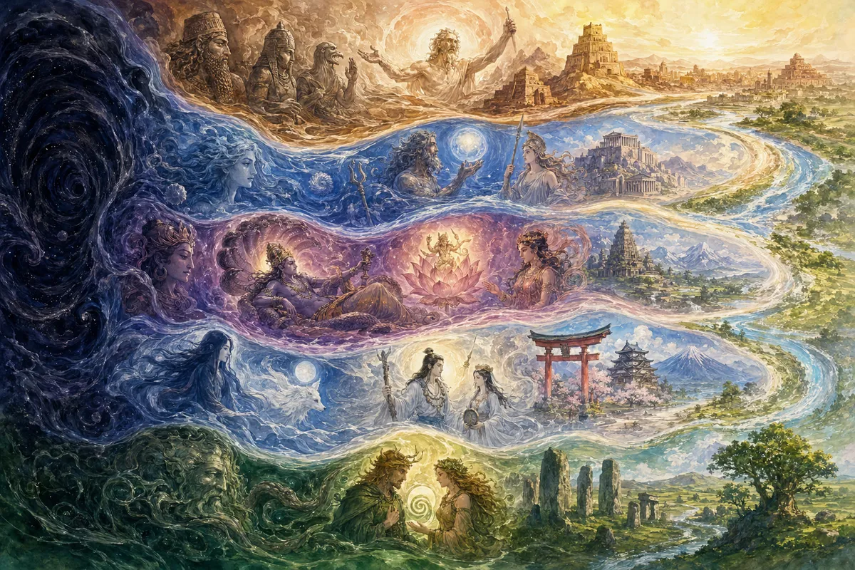 世界各地の神話から共通するアーキタイプと普遍的なテーマを視覚的に表現した図解