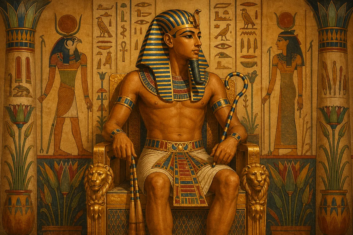 古代エジプトの神々と王族の神話的風景を描いた挿絵スタイルの画像