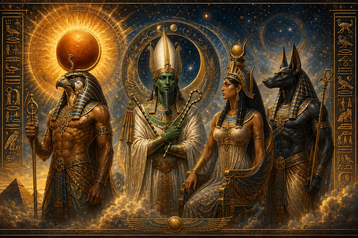 古代エジプトの神々と王族の神話的風景を描いた挿絵スタイルの画像