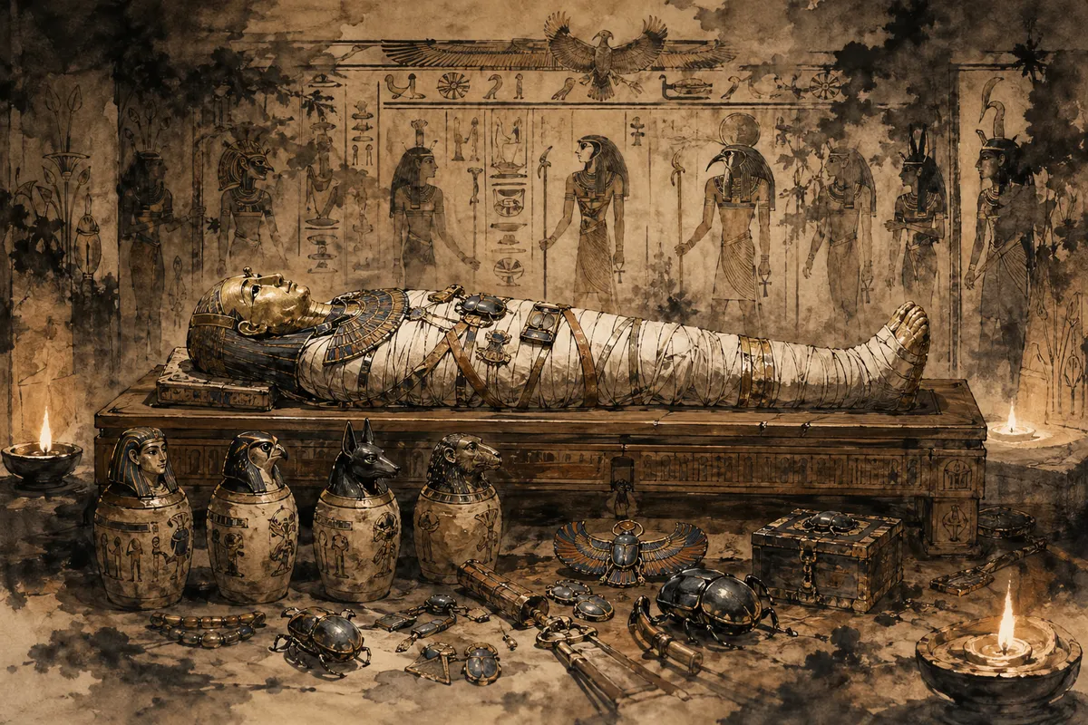 古代エジプトの神々と王族の神話的風景を描いた挿絵スタイルの画像