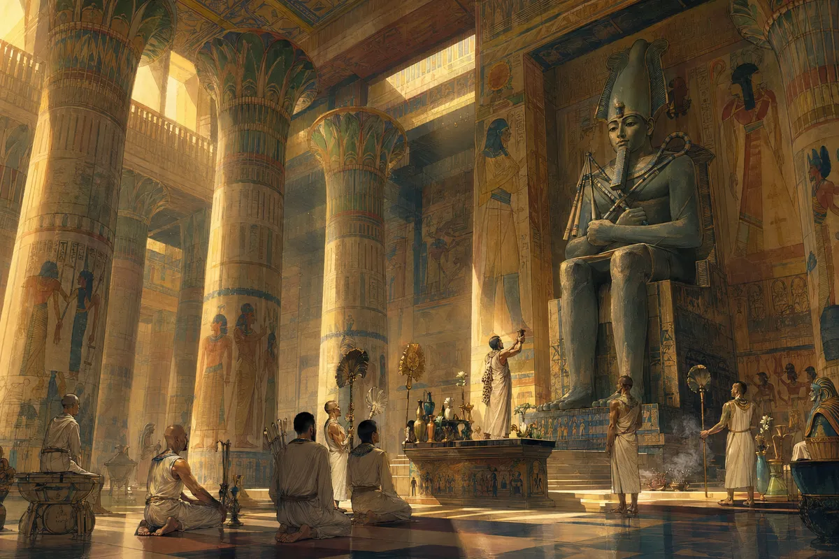 古代エジプトの神々と王族の神話的風景を描いた挿絵スタイルの画像