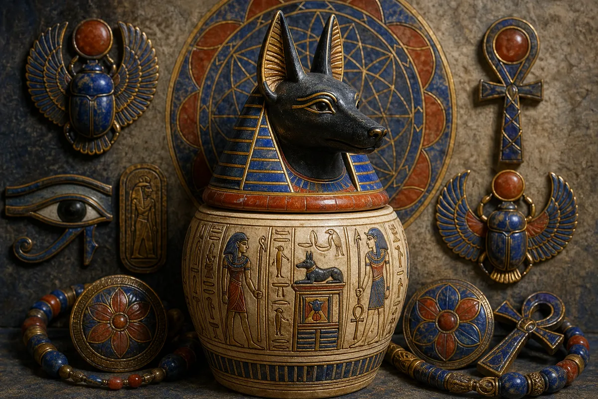 古代エジプトの神々と王族の神話的風景を描いた挿絵スタイルの画像