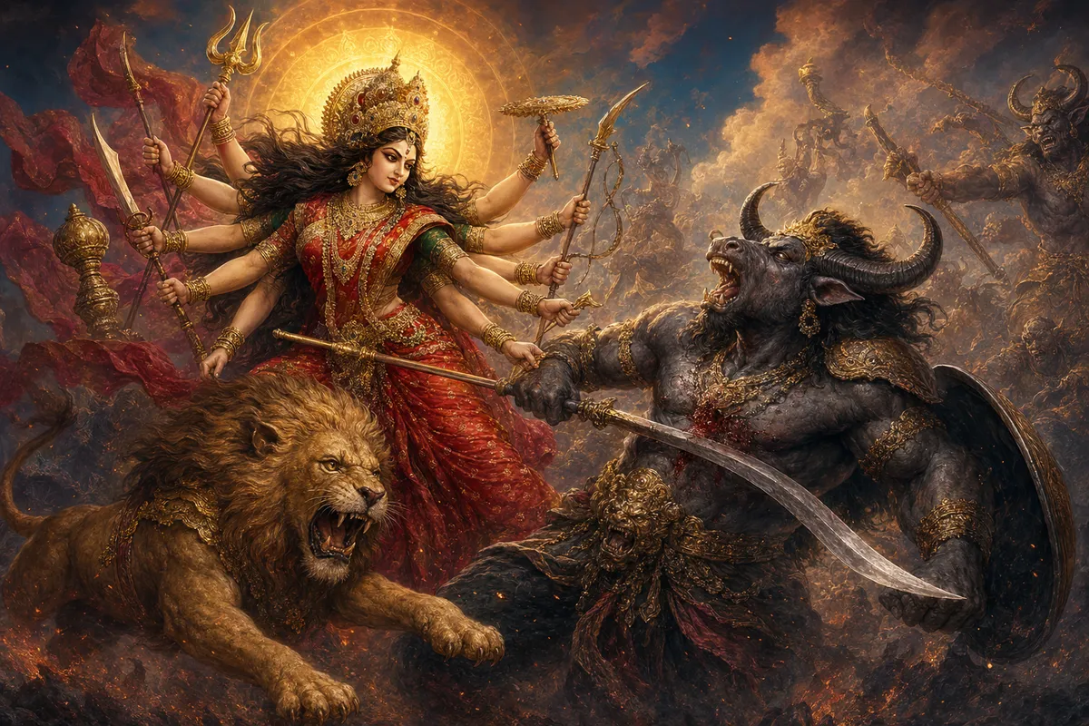 ヒンドゥー神話の神々と神聖な図像を伝統的なインド美術様式で描いた挿絵。