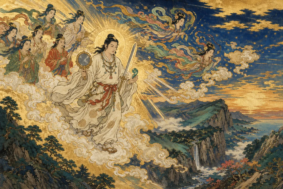 日本神話の主要な神々と創造神話の場面を表現した伝統的な日本美術風のイラスト。