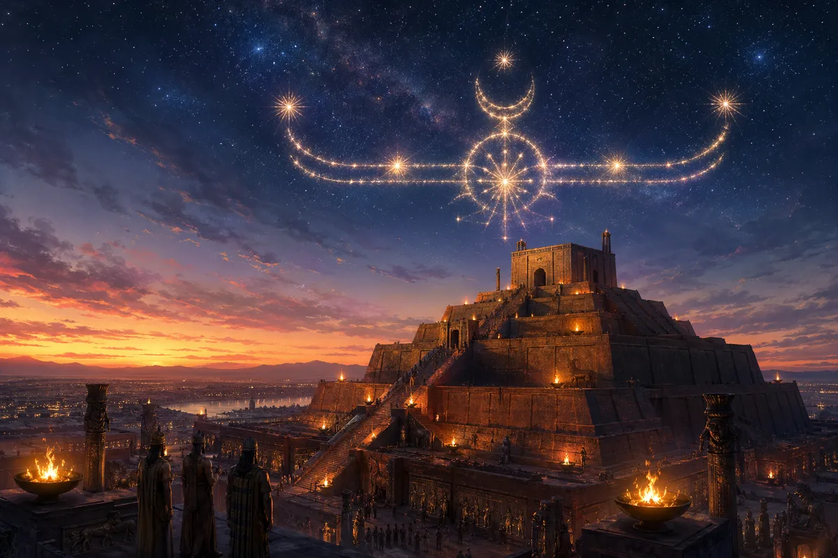 メソポタミア神話の神々と英雄、古代バビロニアの神聖な象徴と神殿の壮大な表現。