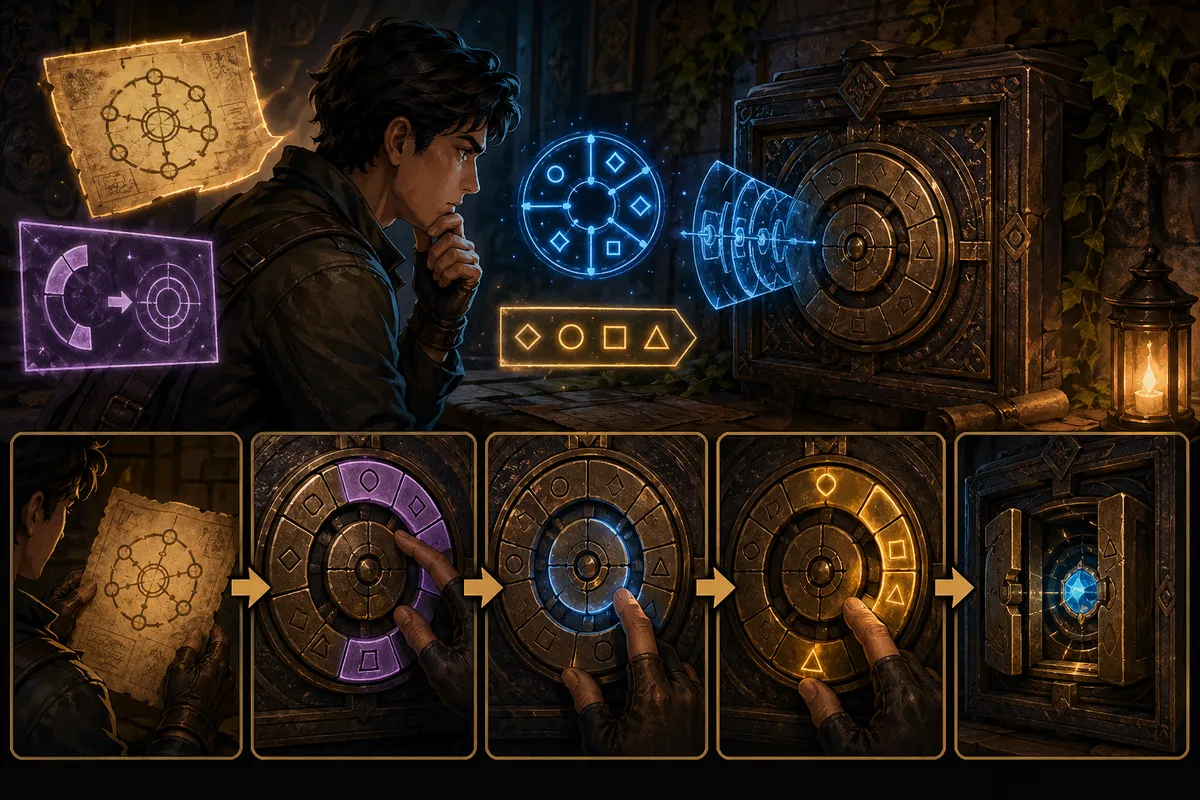 謎解き・脱出ゲームの初心者向けガイドを示す謎解きパズルと手がかりのイラスト