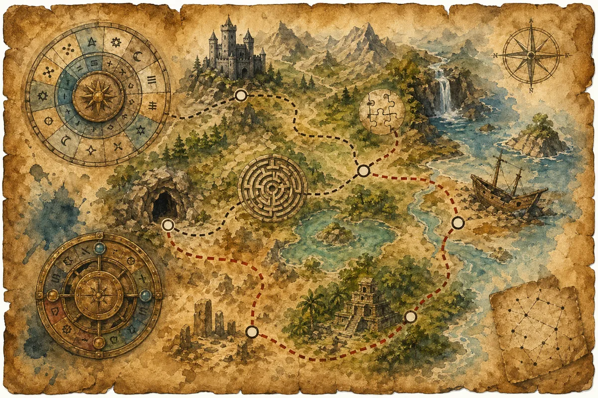謎解き・脱出ゲームの初心者向けガイドを示す謎解きパズルと手がかりのイラスト