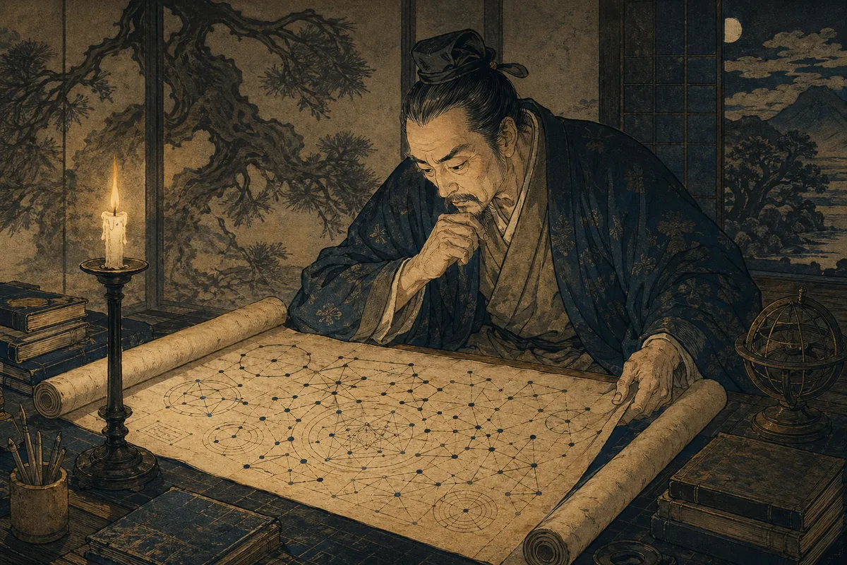 謎解きゲームの思考プロセスと論理的推理をテーマにした抽象的なイラスト。