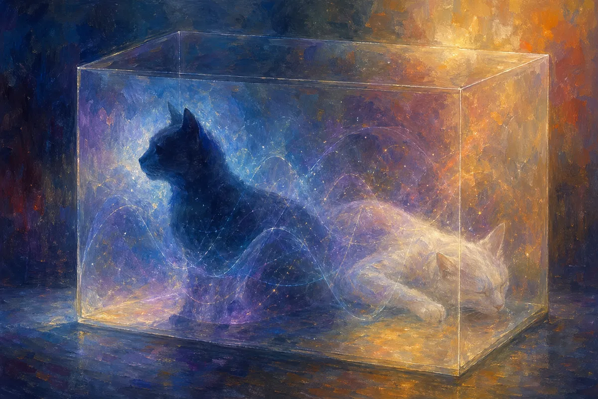 哲学的思考実験を象徴する抽象的でシュールな複数のイラスト表現。
