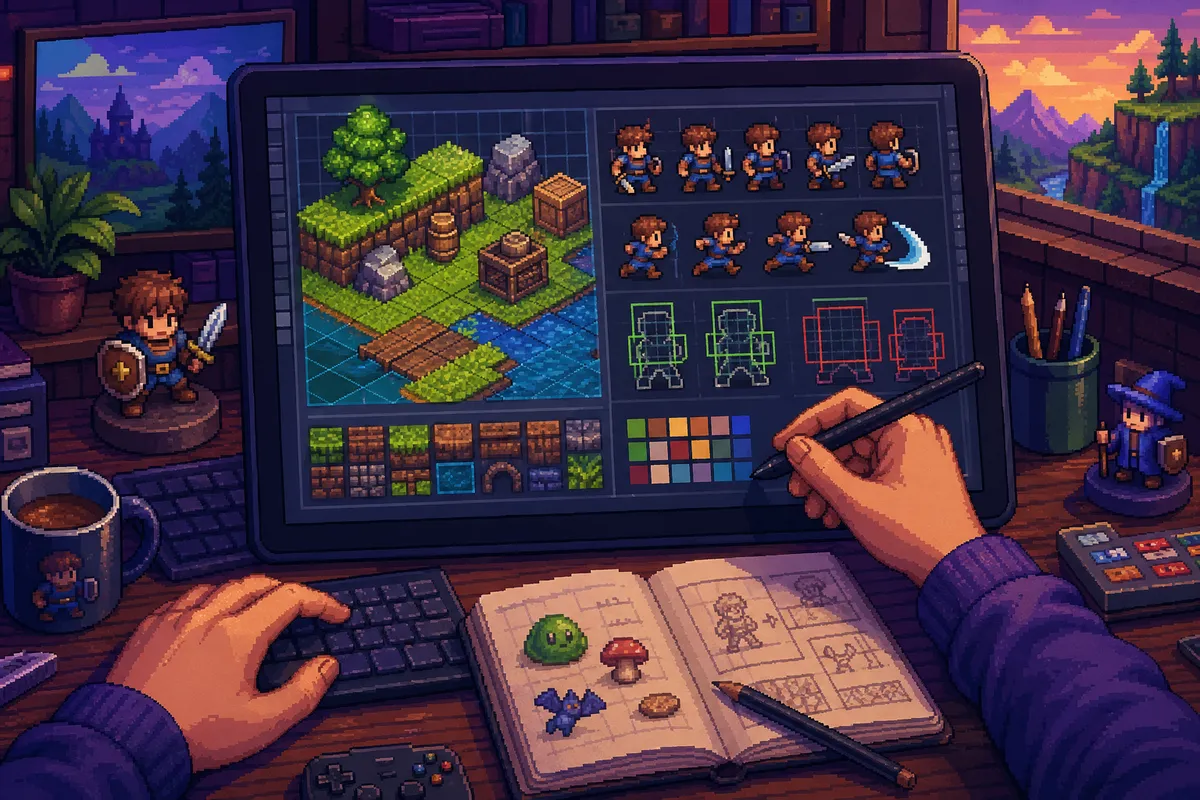 ゲーム開発におけるピクセルアート制作の様々な工程とアート表現を示すイラスト。