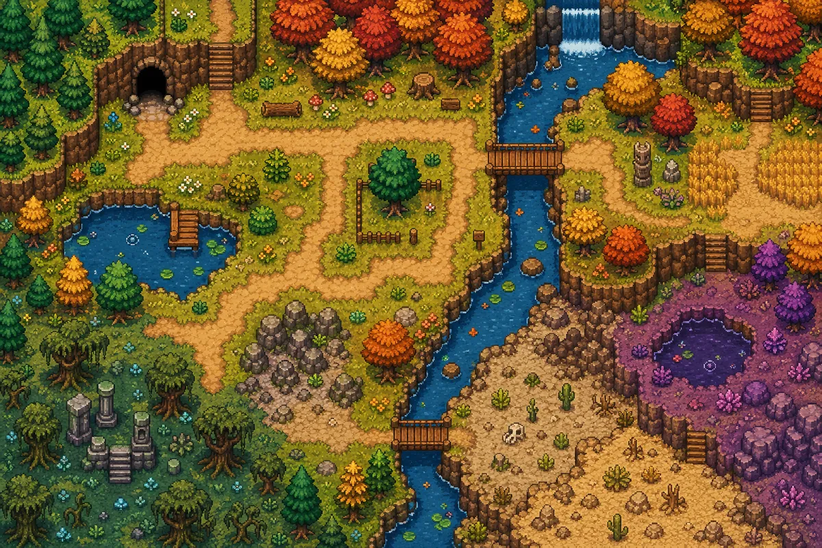 ゲーム開発におけるピクセルアート制作の様々な工程とアート表現を示すイラスト。