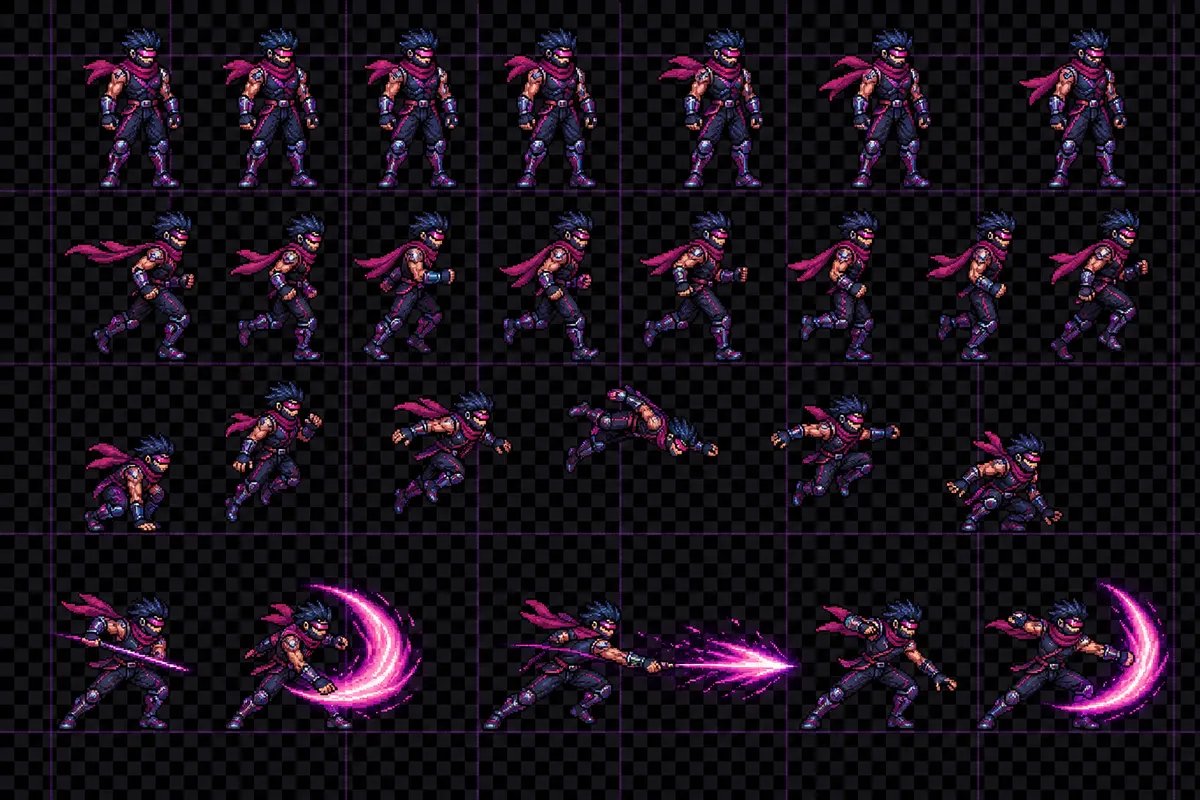 ゲーム開発におけるピクセルアート制作の様々な工程とアート表現を示すイラスト。