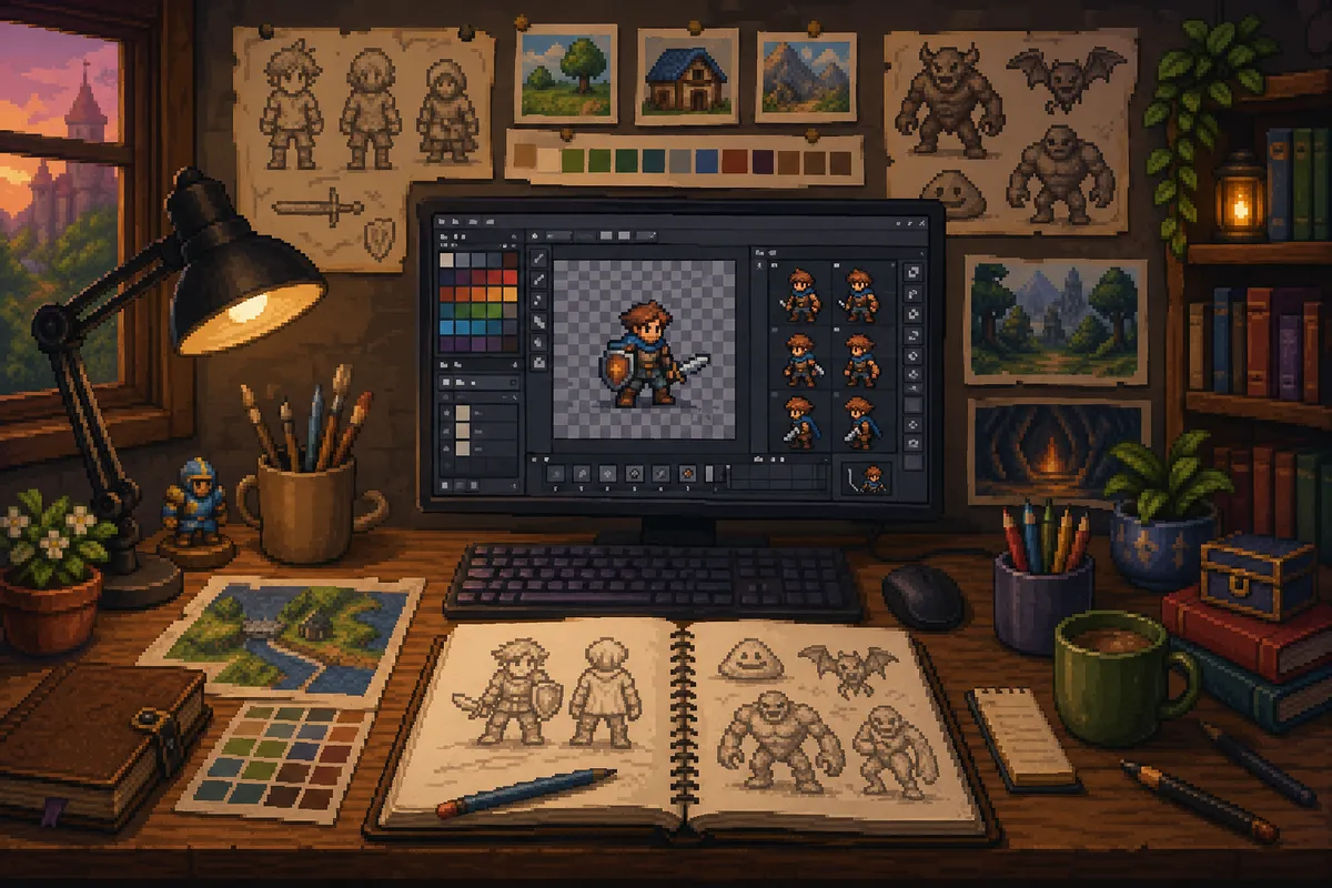 ゲーム開発におけるピクセルアート制作の様々な工程とアート表現を示すイラスト。