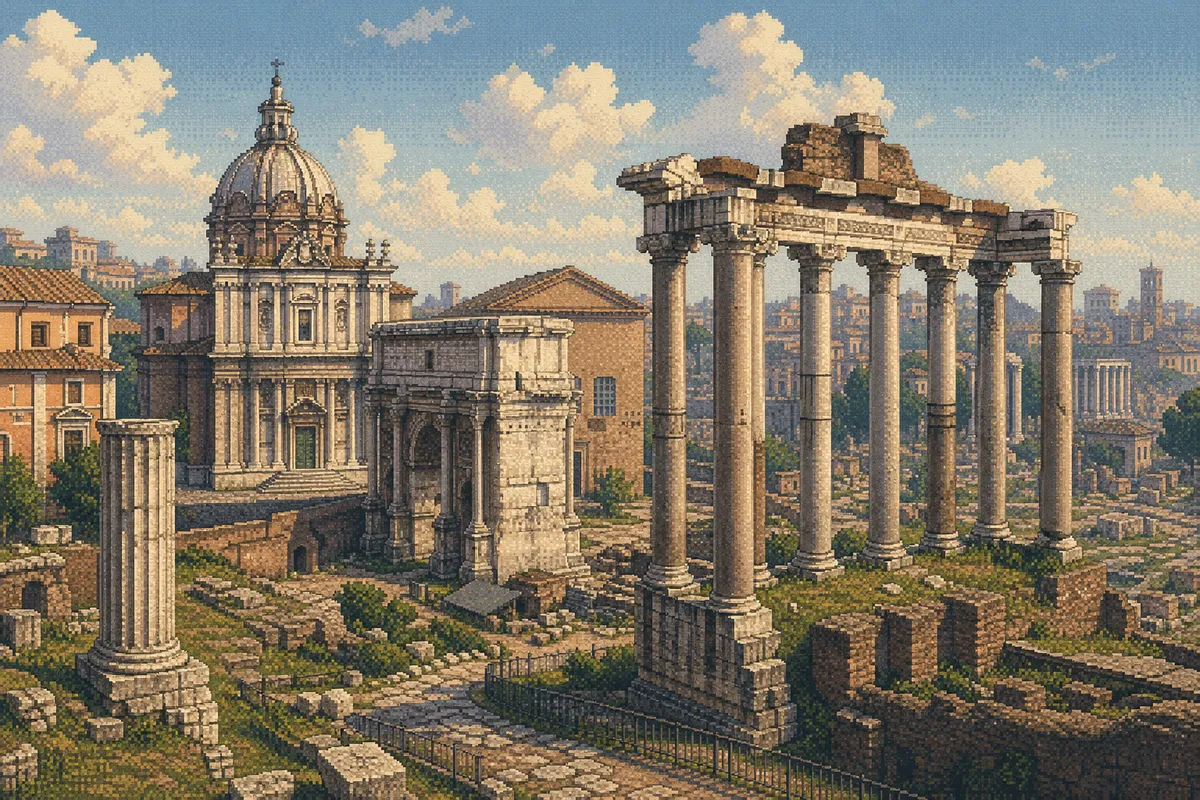 歴史的な建築と文化をピクセルアート・ドット絵で表現したレトログラフィックスタイルの作品集