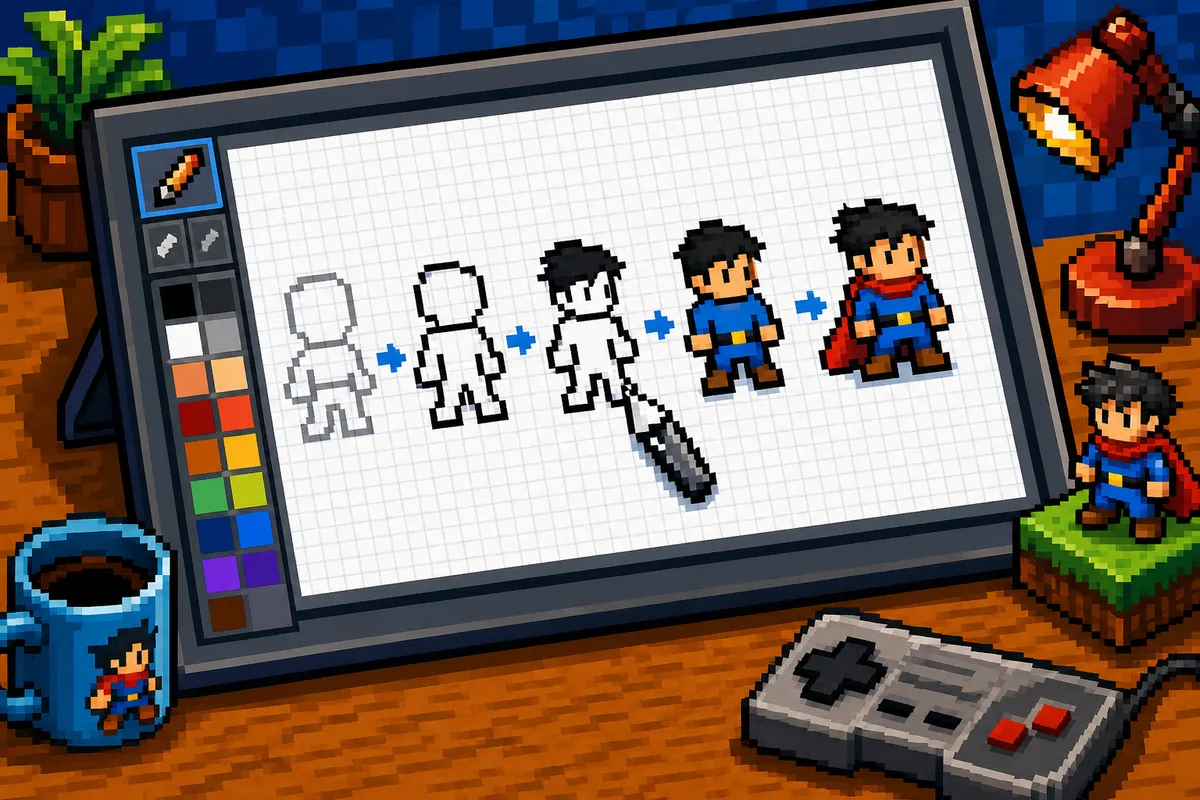 ドット絵制作の初心者向けチュートリアルと描き方ガイドを示すビジュアルイメージ