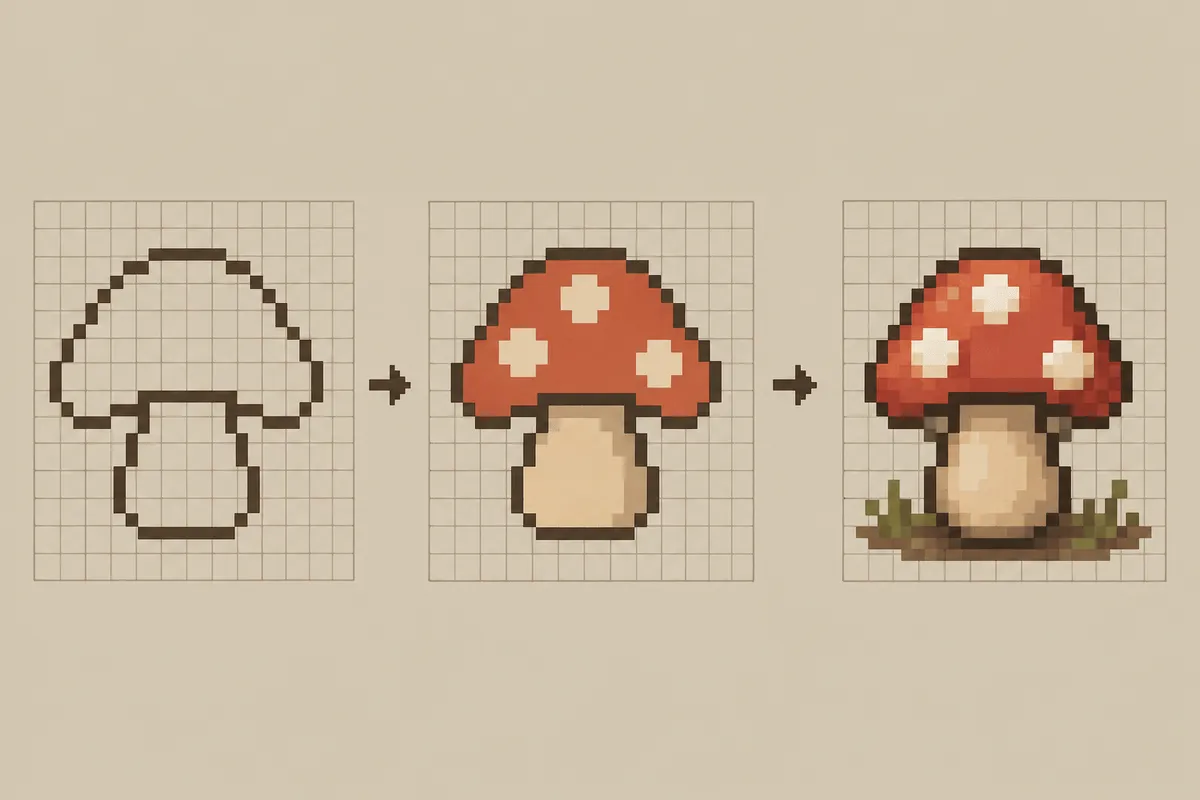 ドット絵制作の初心者向けチュートリアルと描き方ガイドを示すビジュアルイメージ