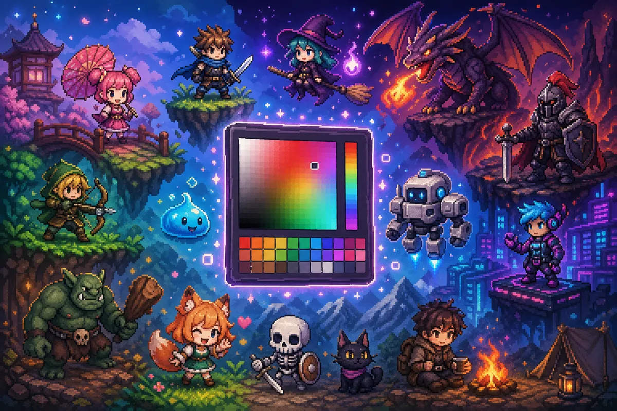 ドット絵制作の初心者向けチュートリアルと描き方ガイドを示すビジュアルイメージ