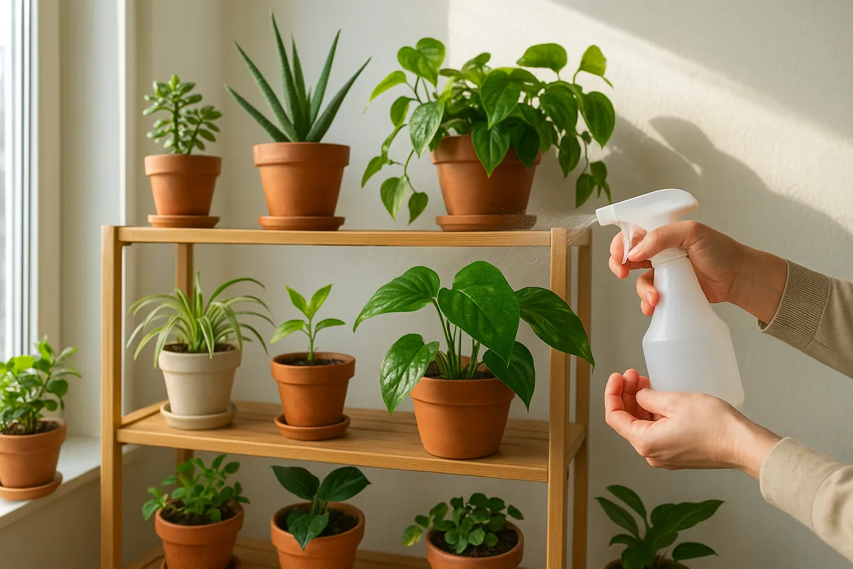 観葉植物の日常的なお世話方法を示す5つの実践的なシーン。