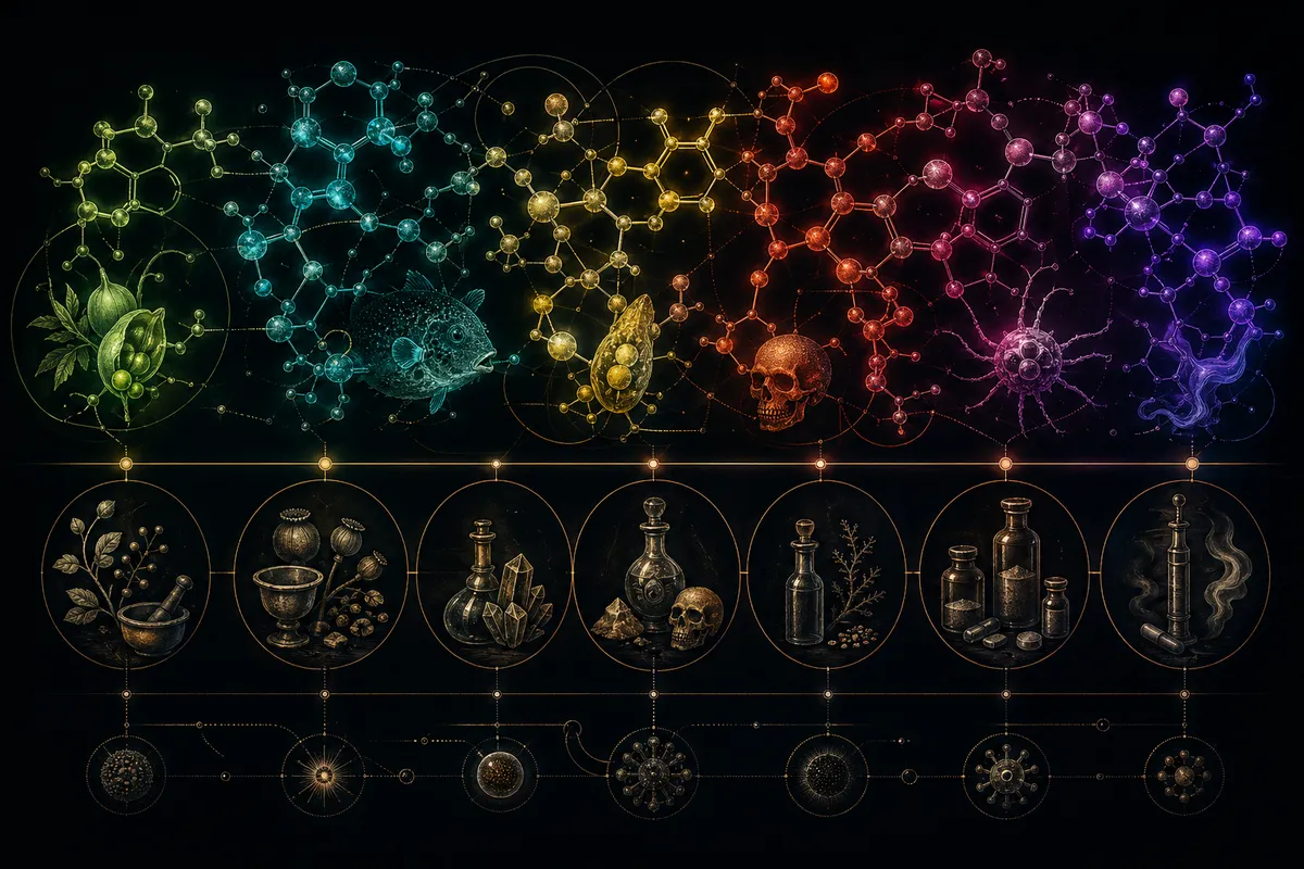 毒物の科学的歴史と人類の発展を象徴する、知識的で魅力的なビジュアル表現。