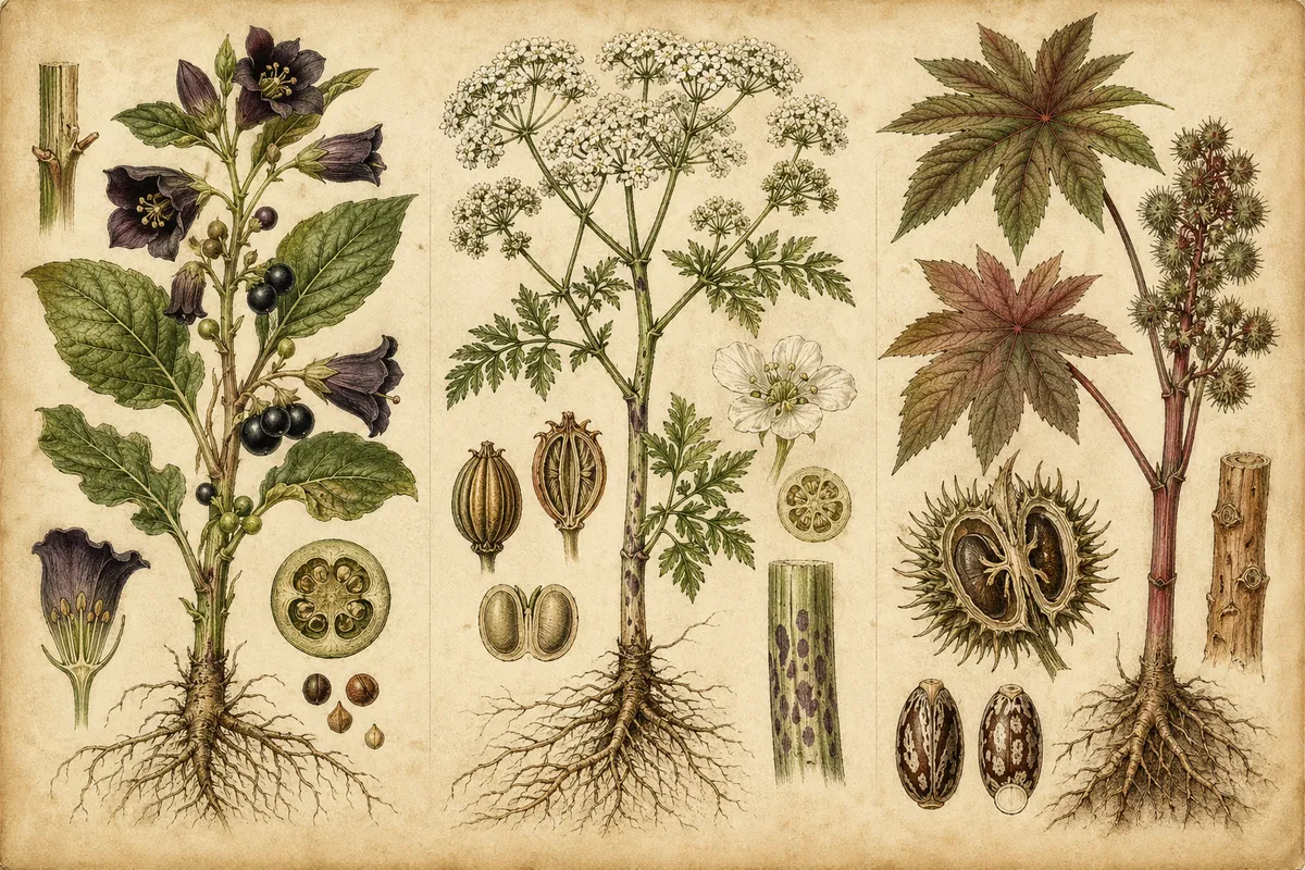 毒性物質の歴史的図鑑イラスト集。植物毒、化学物質、鉱物毒を科学的かつ美的に描写した教養画像。