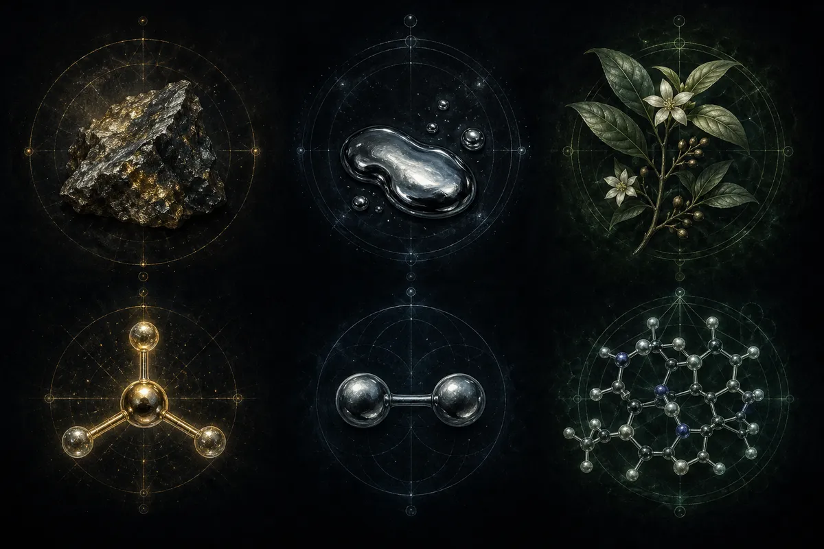 毒性物質の歴史的図鑑イラスト集。植物毒、化学物質、鉱物毒を科学的かつ美的に描写した教養画像。