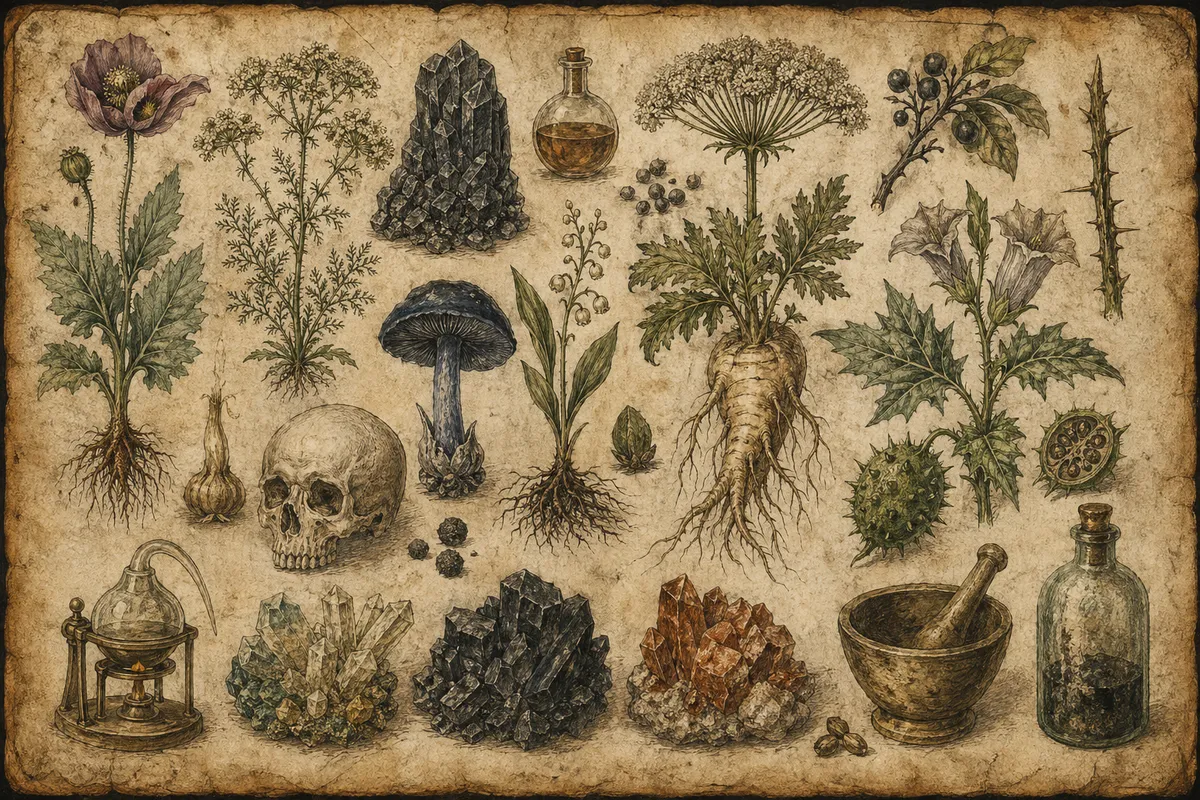 古代から現代に至る毒の歴史と科学的発展を描いた歴史的イラストレーション。