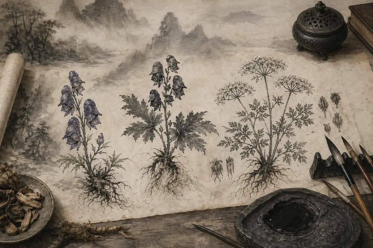 古代から現代に至る毒の歴史と科学的発展を描いた歴史的イラストレーション。
