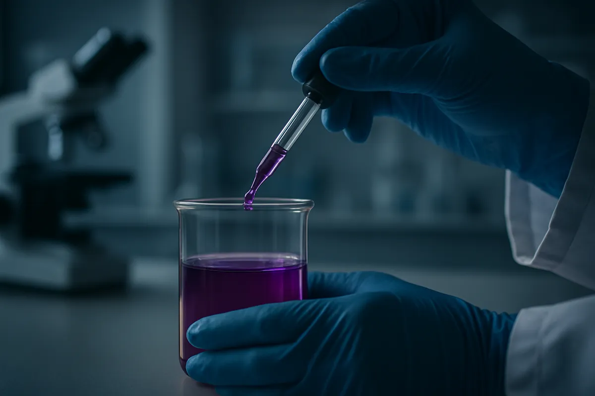 毒物の医学史と科学的研究を表現した、歴史的な薬学器具と現代的な実験室の融合。