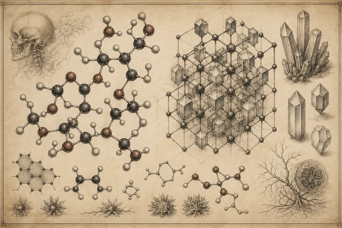 毒物の科学的構造と歴史的背景を表現した学術的イラスト。