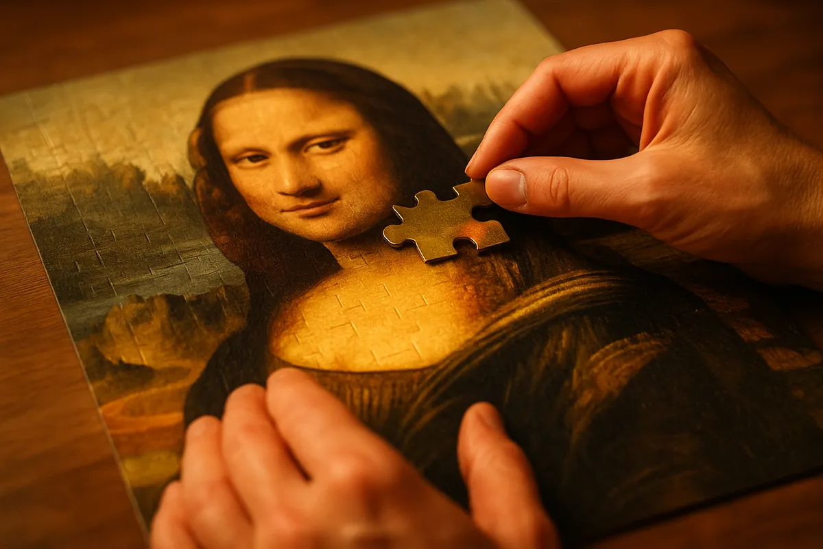 クラシック美術をテーマにしたジグソーパズルの組立てと飾り方を紹介する画像集