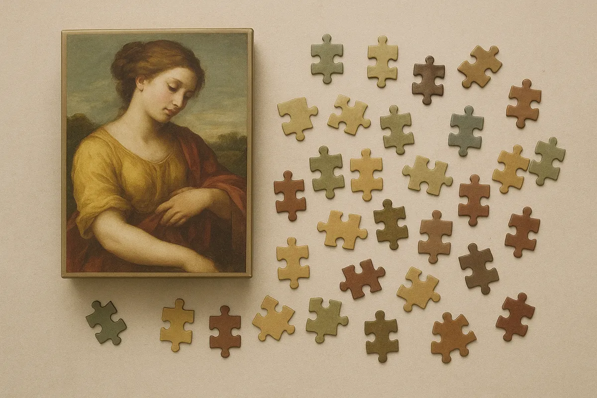 クラシック美術をテーマにしたジグソーパズルの組立てと飾り方を紹介する画像集