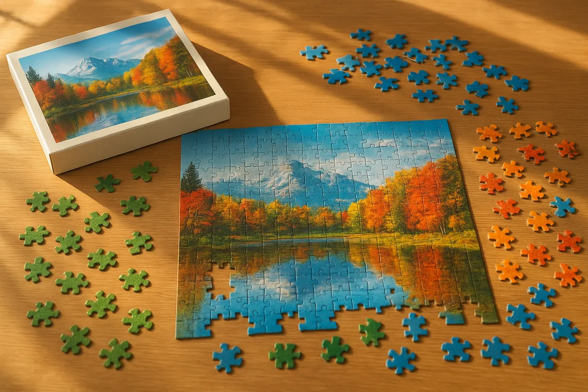 クラシック美術をテーマにしたジグソーパズルの組立てと飾り方を紹介する画像集