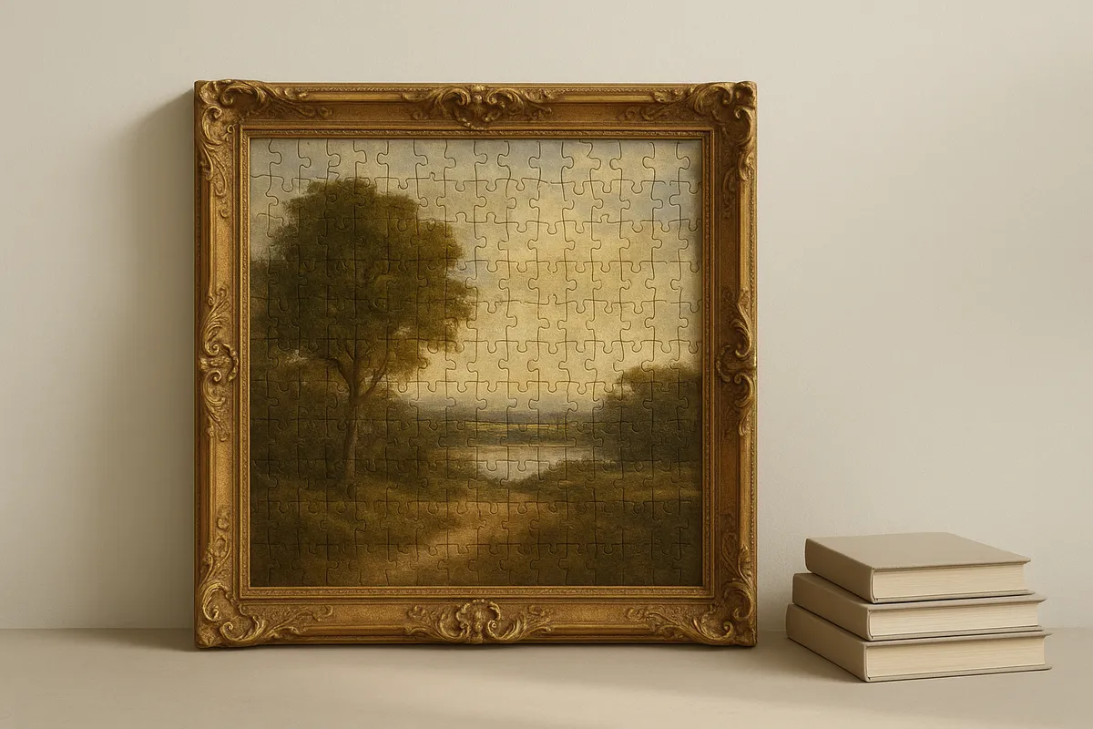 クラシック美術をテーマにしたジグソーパズルの組立てと飾り方を紹介する画像集