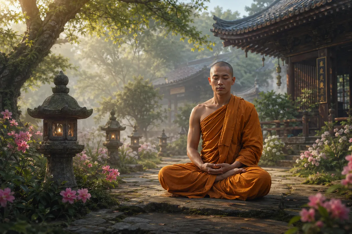仏教の教義と文化を表現する寺院、修行僧、宗教シンボルの包括的なビジュアル。