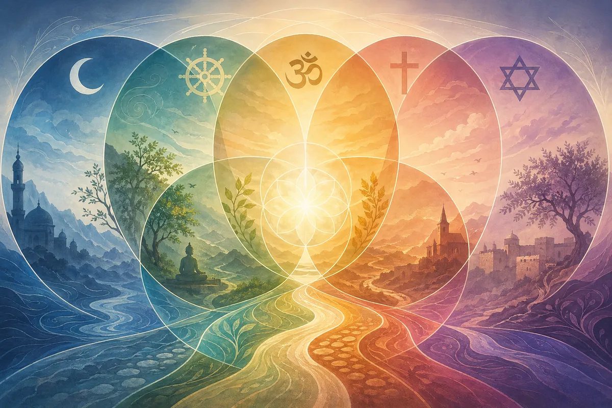 世界の主要5つの宗教の教義と文化を調和して表現した抽象イラスト。